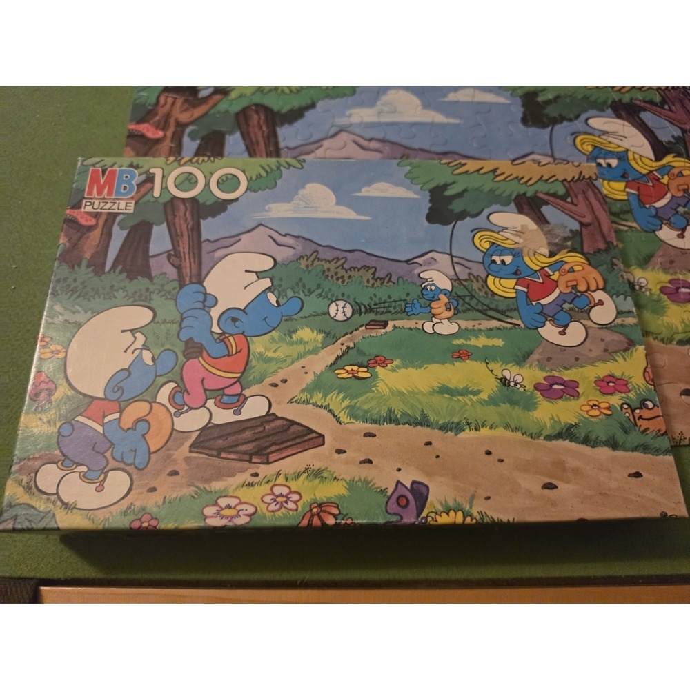 Vintage 1982 Milton Bradley Smurf Puzzle 100 Pieces Baseball Scene 16x11